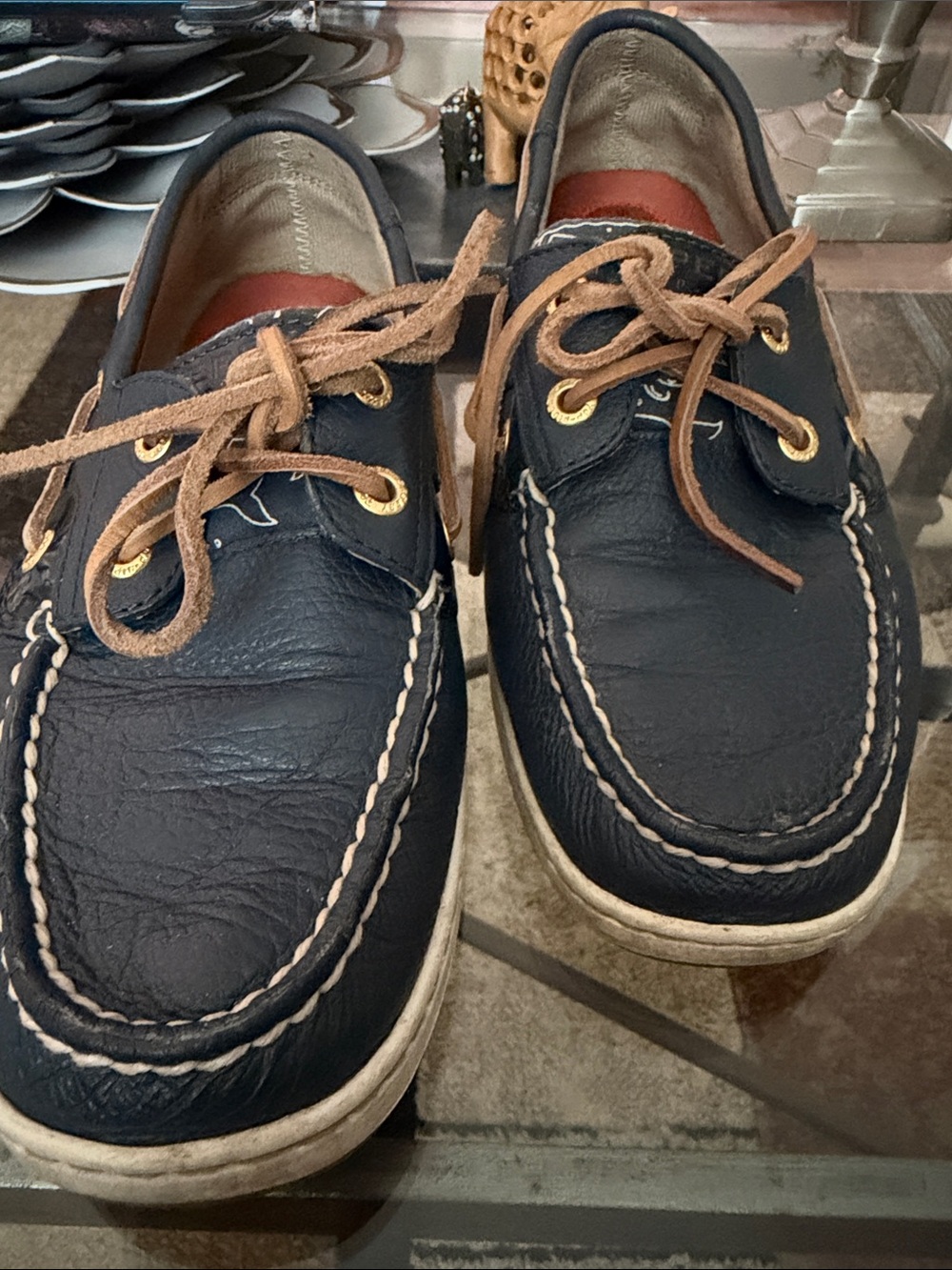 Women’s Sperry Topsider Navy Leather Boat Shoes with Brown Laces 7.5